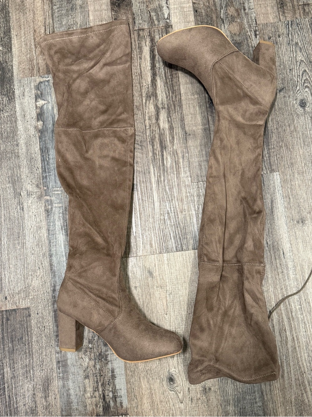 Taupe Over-the-Knee Faux Suede Low Block Heel Tie Back Boots Size 11